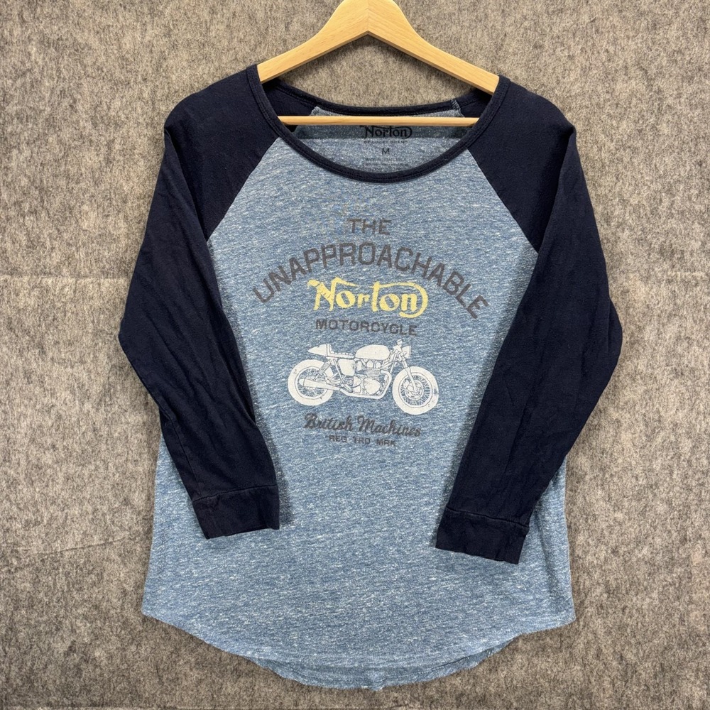 Lucky Brand Norton Motorcycle Raglan T-Shirt Mens Medium Blue British 3/4 Sleeve